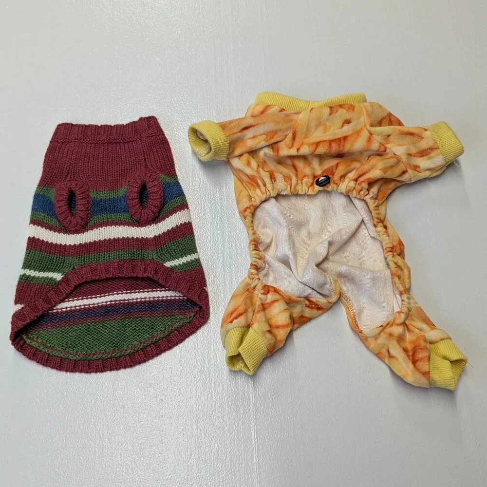 Two XS Dog/Cat Shirts Life is Good Striped Sweater and CuteBone French Fry Print